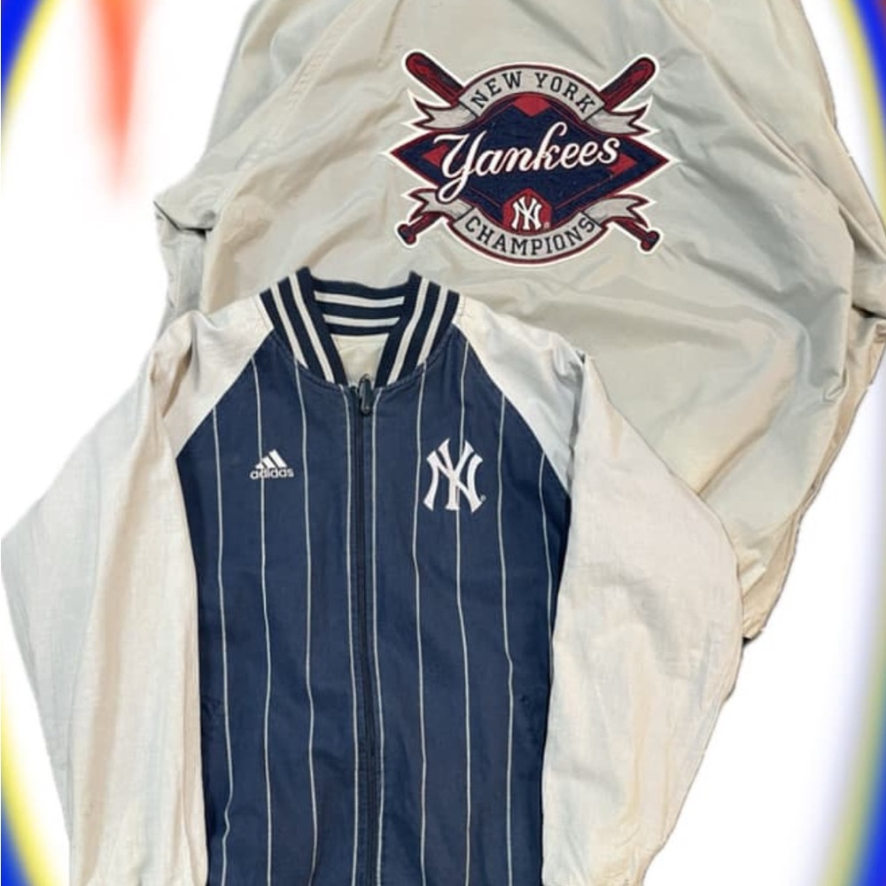 Adidas Yankees Reversible Champion Pinstripe Jacket in Navy and Cream
